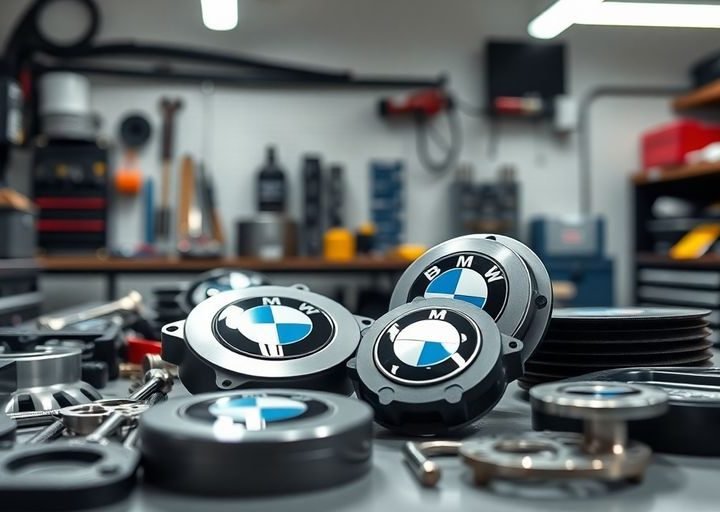 BMW car parts, clean garage, bright light