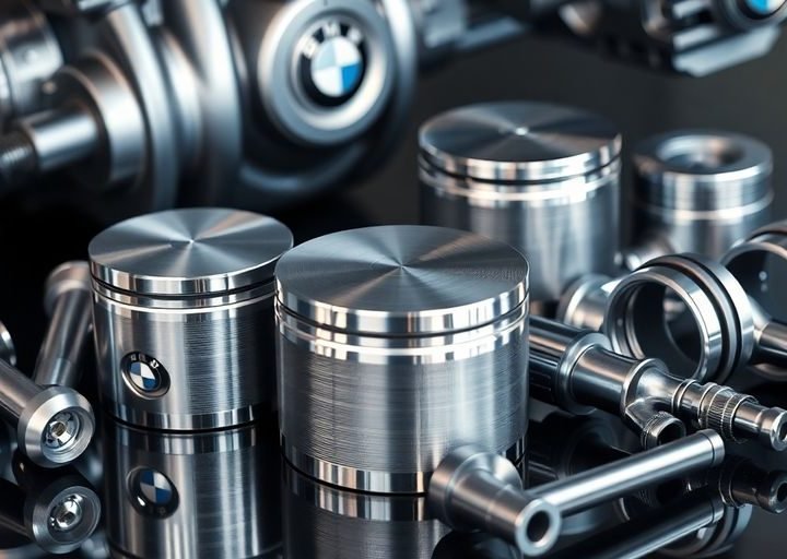 Shiny BMW engine components on a clean surface.