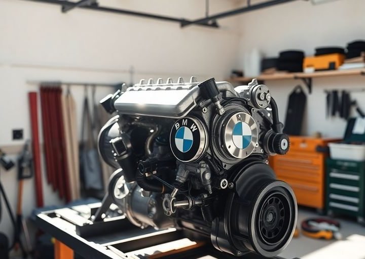 BMW engine parts in a clean garage bay