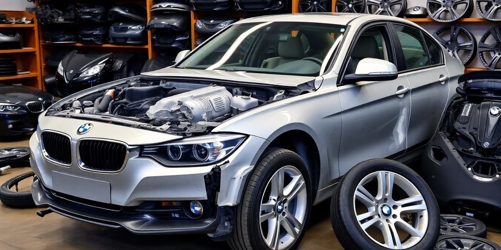 BMW car parts being dismantled in a wrecking yard.