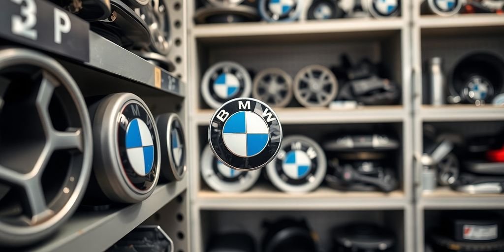 BMW car parts, clean, organized shop interior.