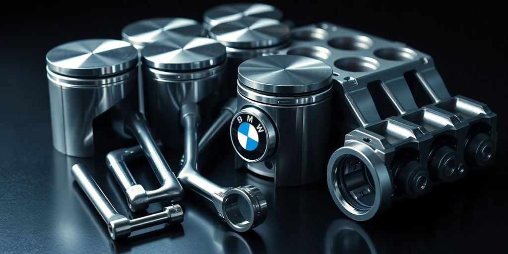 Shiny BMW engine components on display.