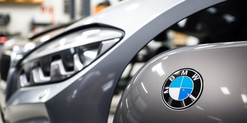 Assorted BMW body parts stacked, ready for installation.