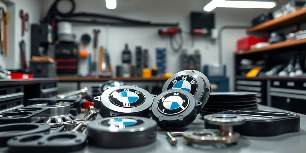 BMW car parts, clean garage, bright light