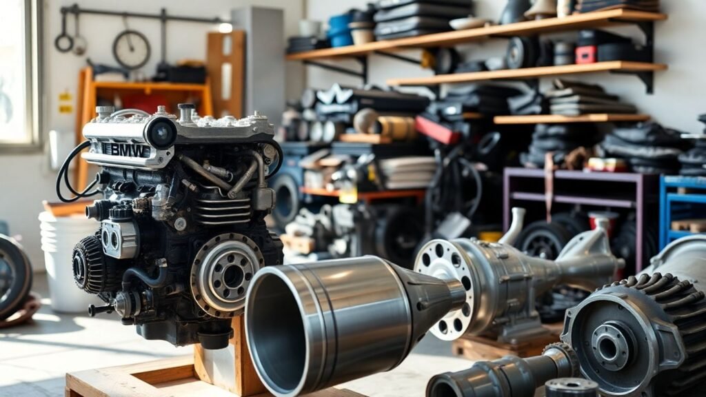 BMW engine parts in a workshop