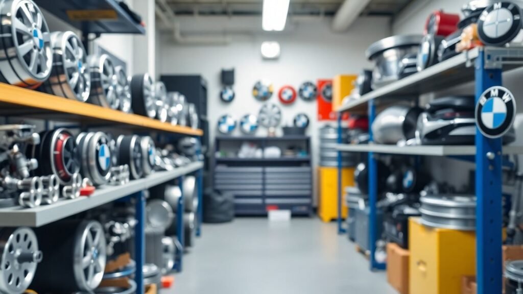 BMW car parts arranged in a workshop