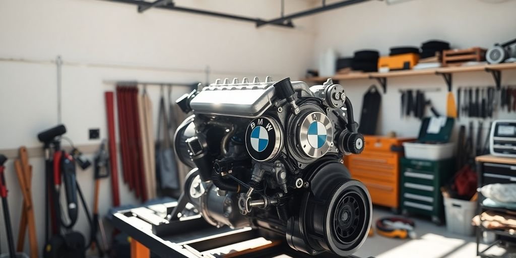 BMW engine parts in a clean garage bay