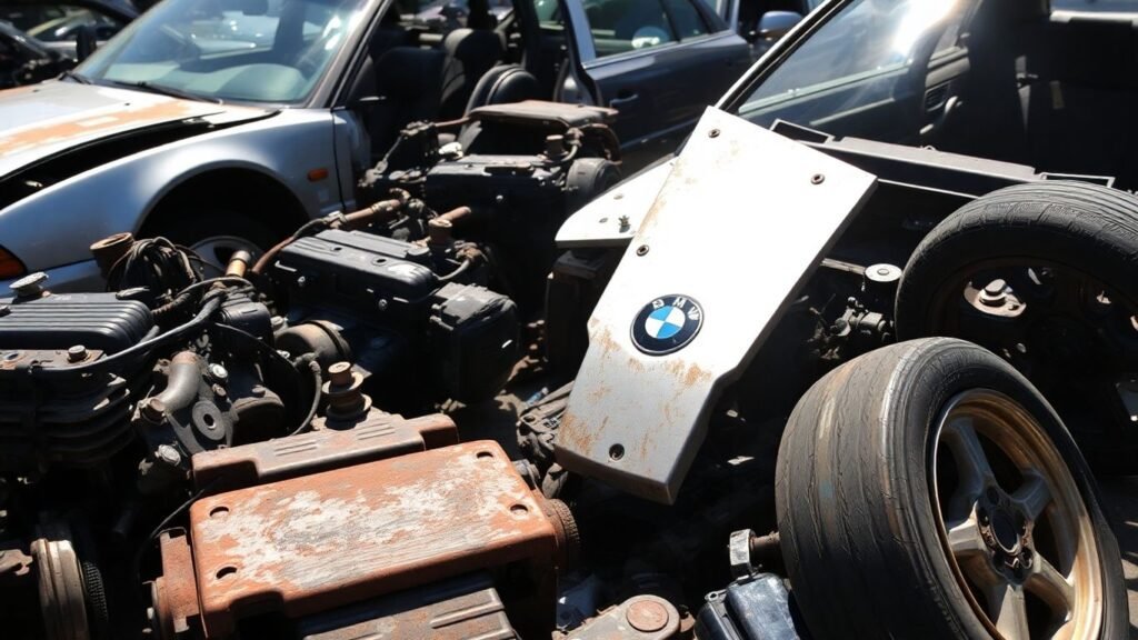 Dismantled BMW car parts, engine, wheels, doors.