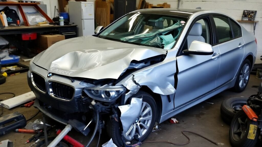 Wrecked BMW in a repair shop