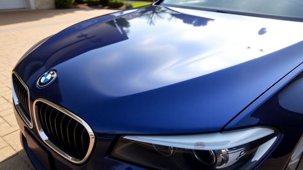 Shiny blue BMW car parked in driveway.