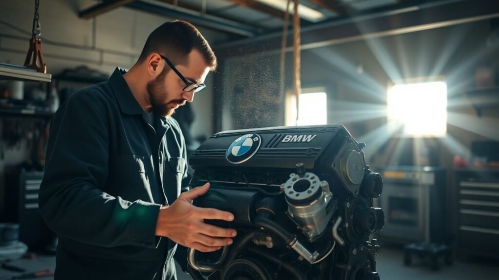 BMW engine parts and mechanic in a workshop.