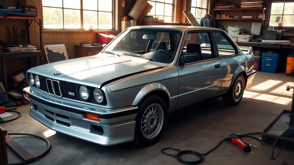Restored BMW E30 M3 in a workshop