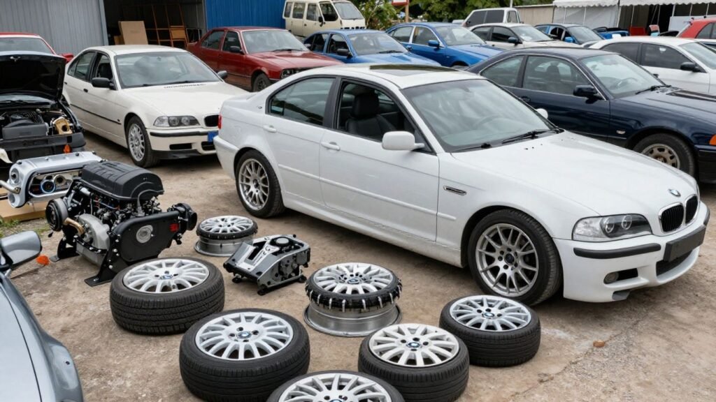 Used BMW 3 Series car parts in a salvage yard.