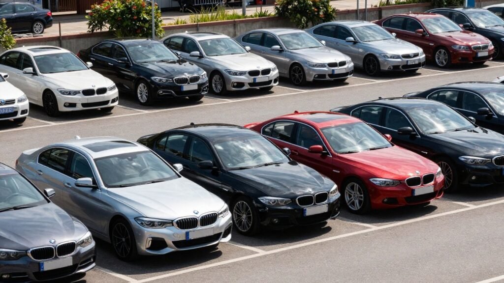 BMW wreckers lot with various car models.