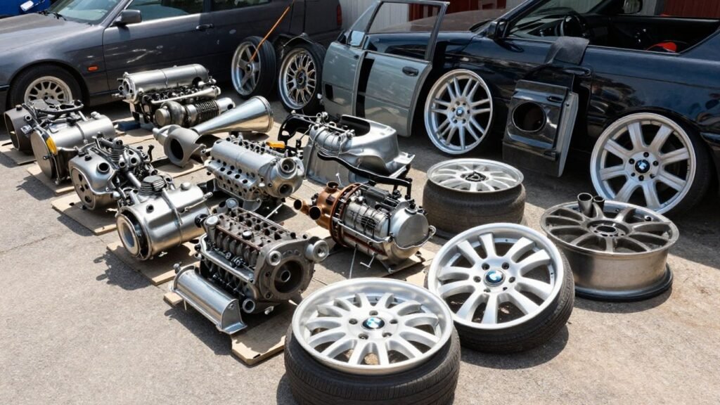 BMW car parts in a Hobart wrecking yard.