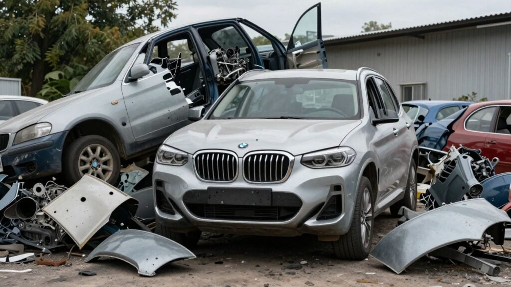 Used BMW X3 parts at a wrecking yard.
