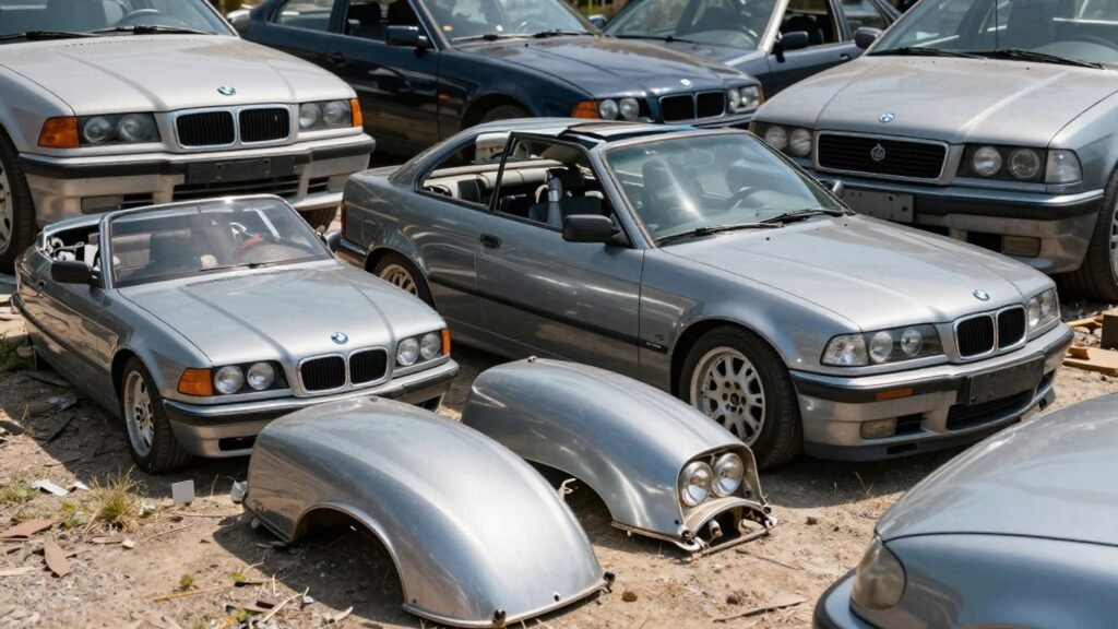 BMW car parts in a wrecking yard
