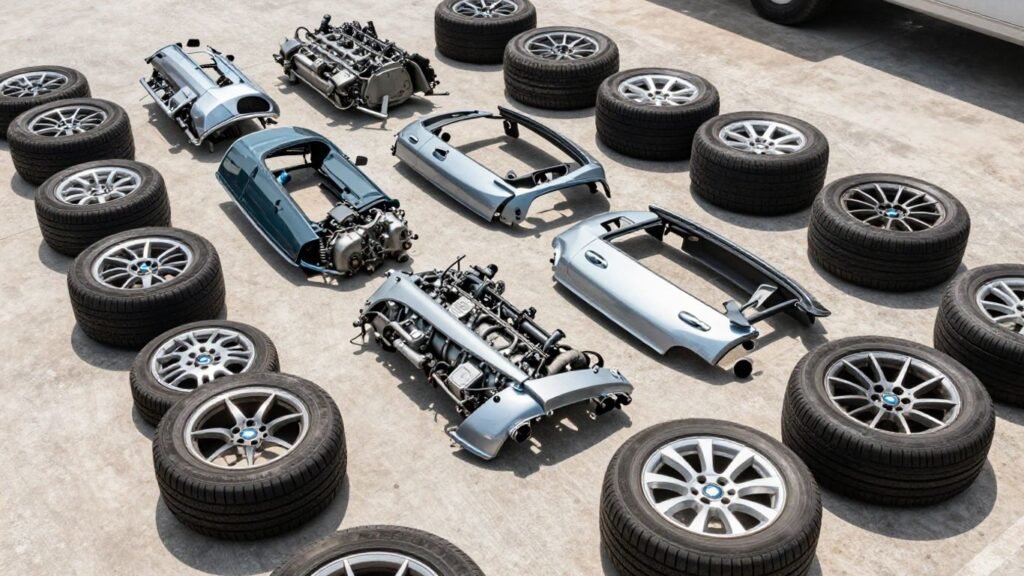 BMW car parts in a wrecking yard