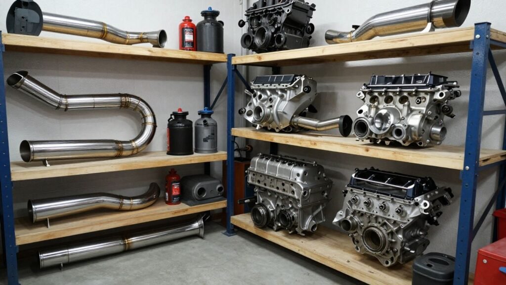 Used BMW car parts in a garage.